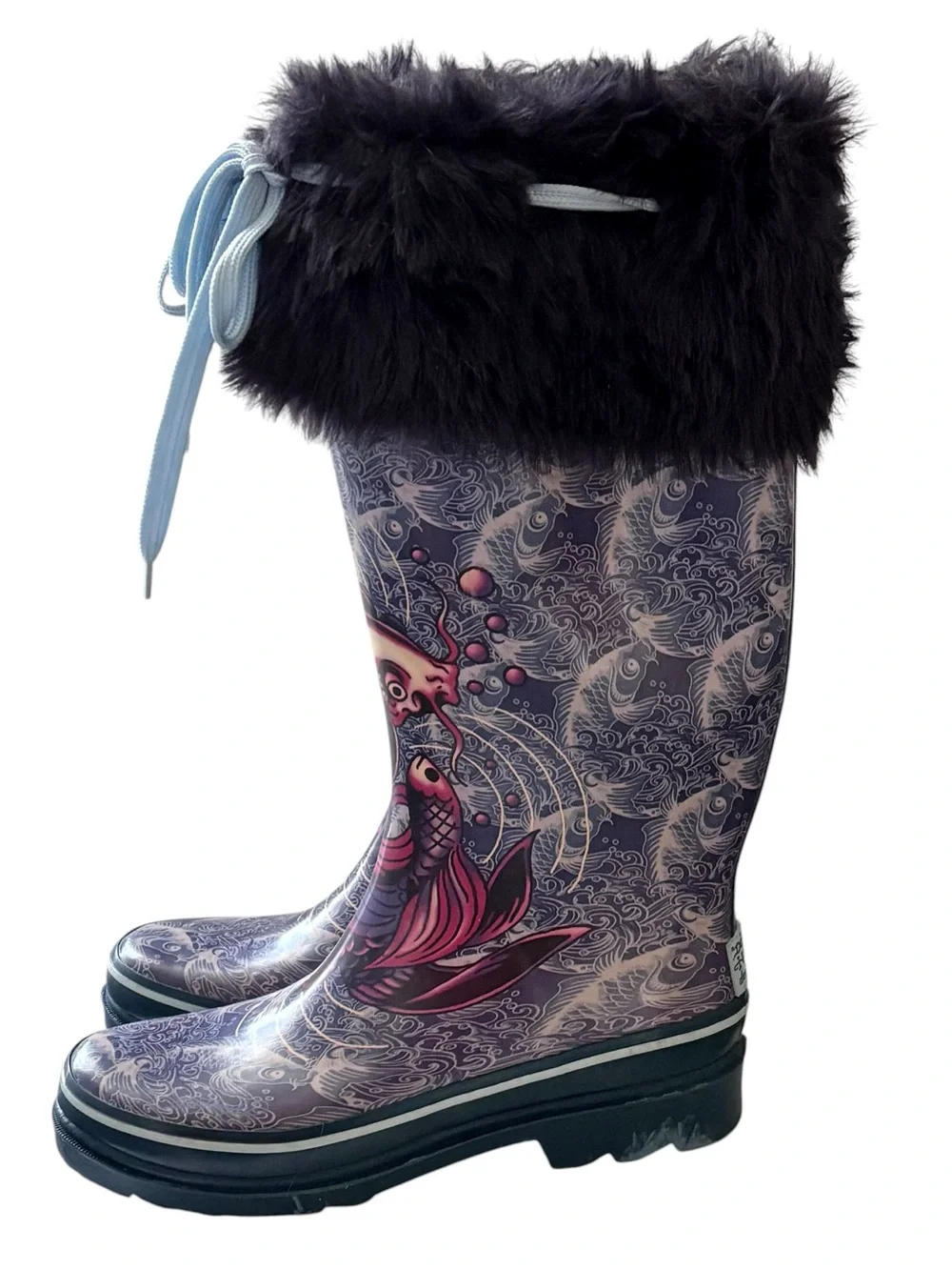 VINTAGE Y2K ED HARDY Koi Print Original Rain Snow Boots Size 7